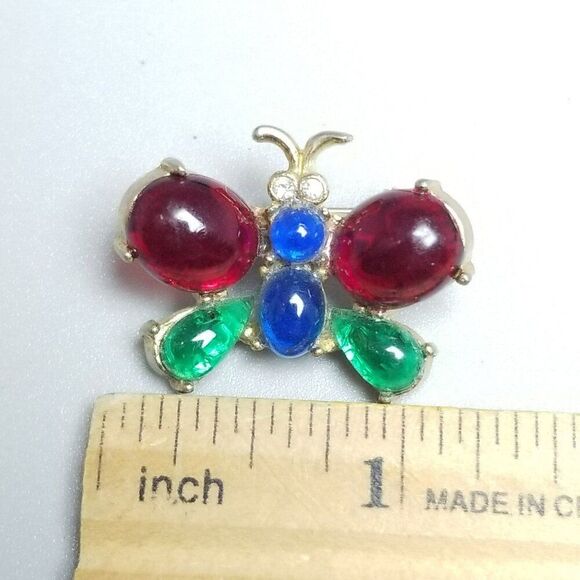 Vintage Coro Butterfly Cabochon Rhinestone Brooch, Gold Tone 1940s Lapel Pin - Picture 5 of 7